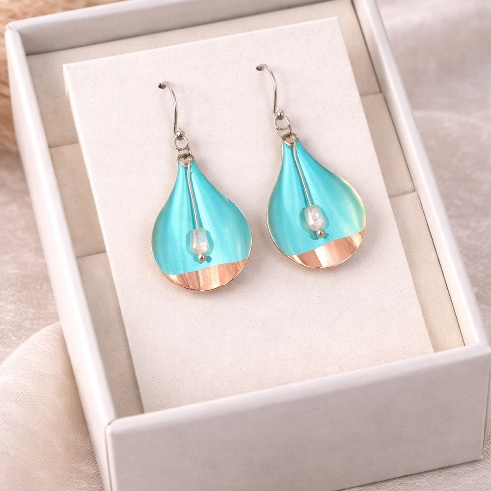 Teal Teardrop Dangle Earrings | Pearl Accent & Rose Gold Detail